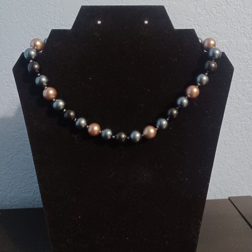 Blue, Black, Gray Faux Pearl Necklace, 16"